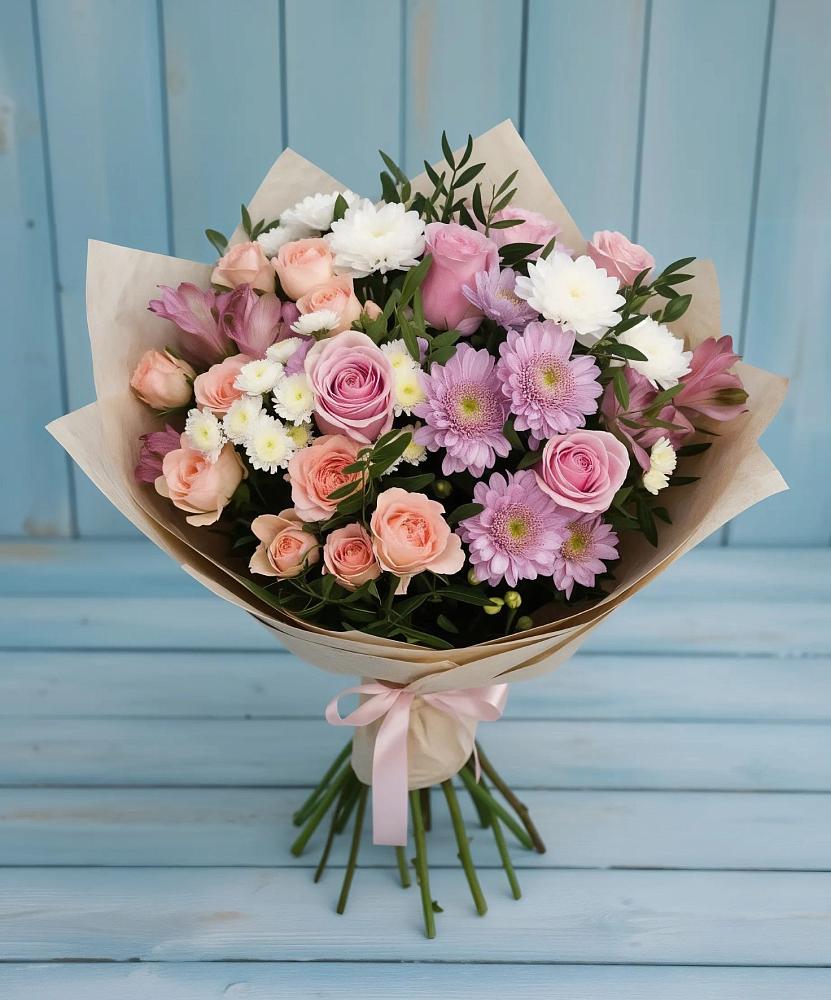 Букет цветов из: Хризантемы, Розы и Альстромерии в Чепигинской