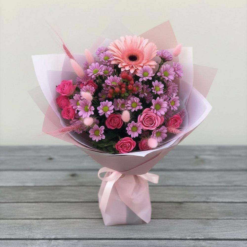 Букет цветов из: Розы, Герберы и Хризантемы в Чепигинской