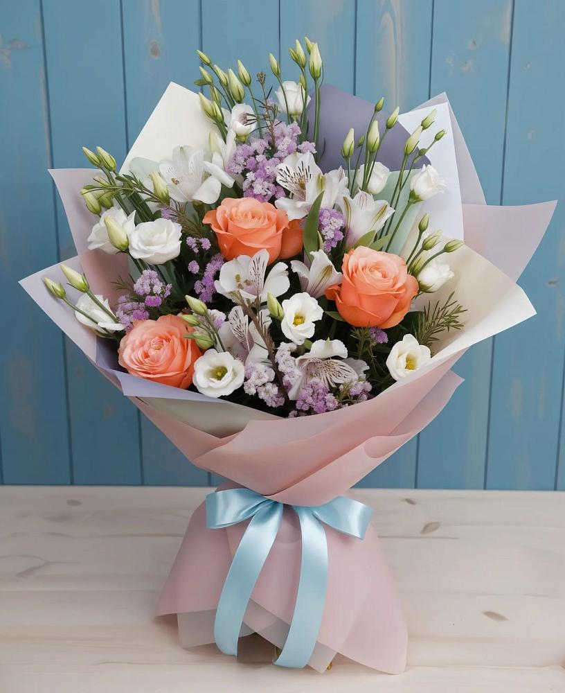 Букет цветов из: Лизиантусы, Розы, Альстромерии и Гипсофила в Чепигинской