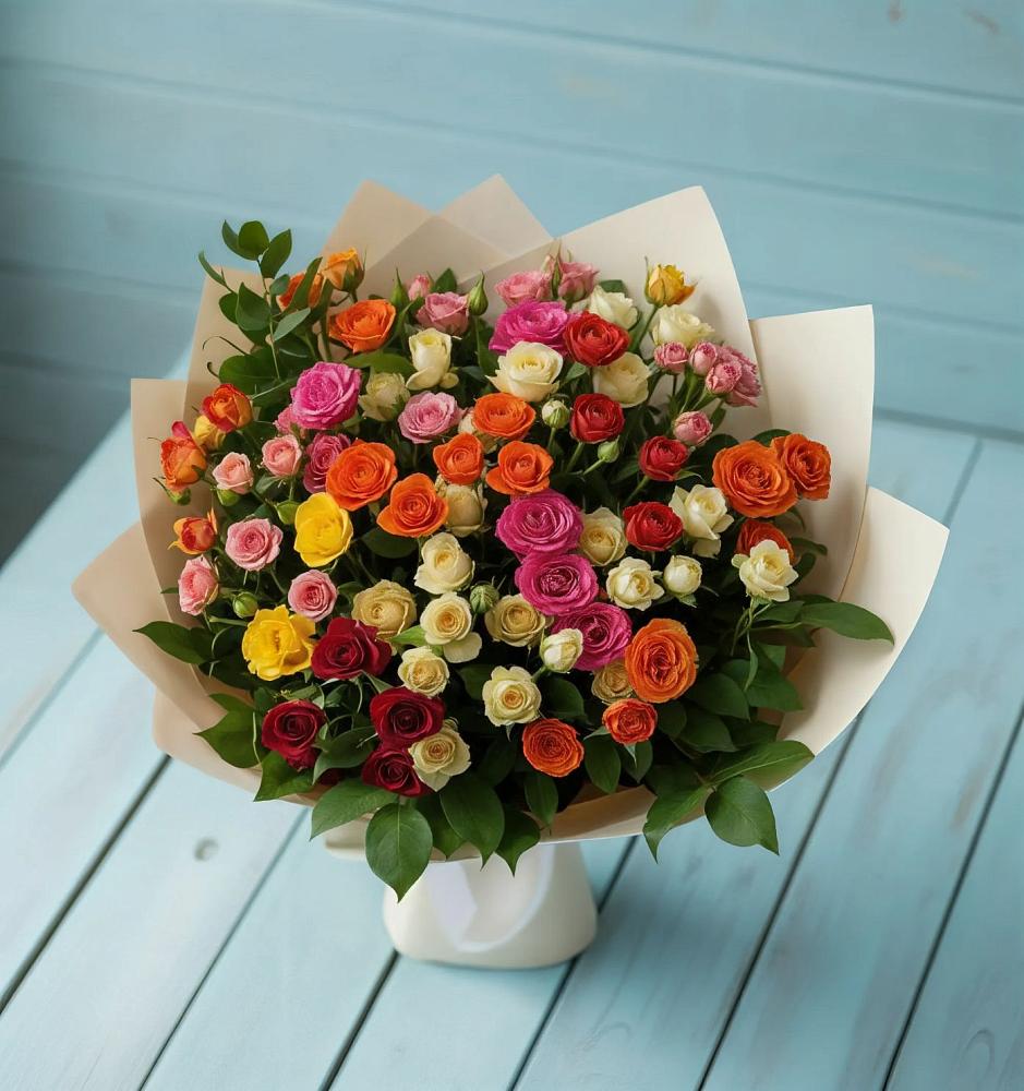 Букет Микс из разноцветных кустовых роз в Чепигинской