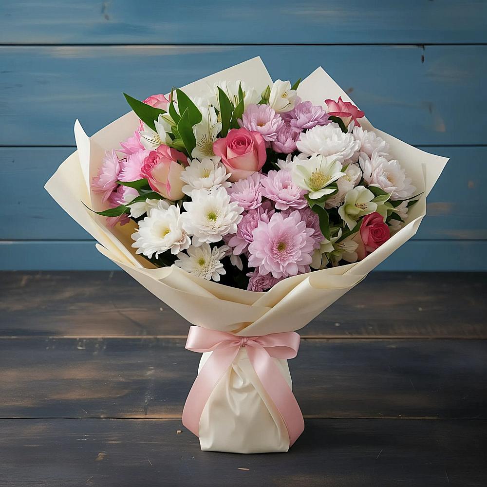 Букет цветов из: Хризантемы, Альстромерии и Розы в Чепигинской